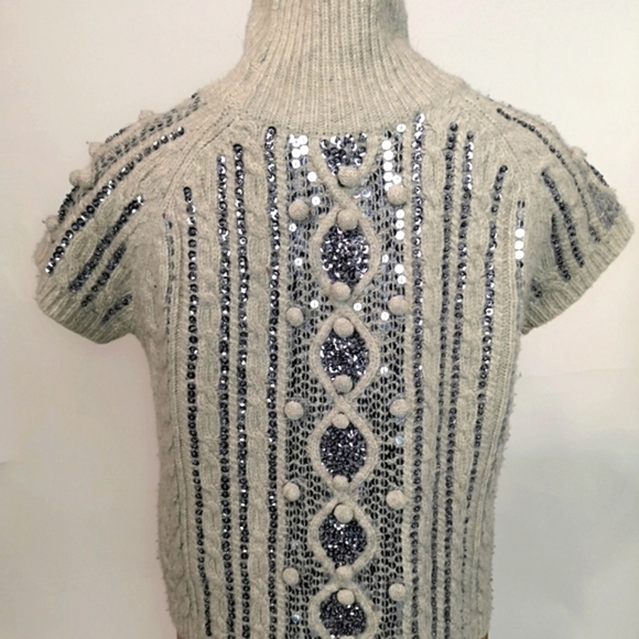Y2k Vintage Light Grey Pewter Sequins Cable Knit Cap Sleeve Pullover Sweater - Picture 3 of 14